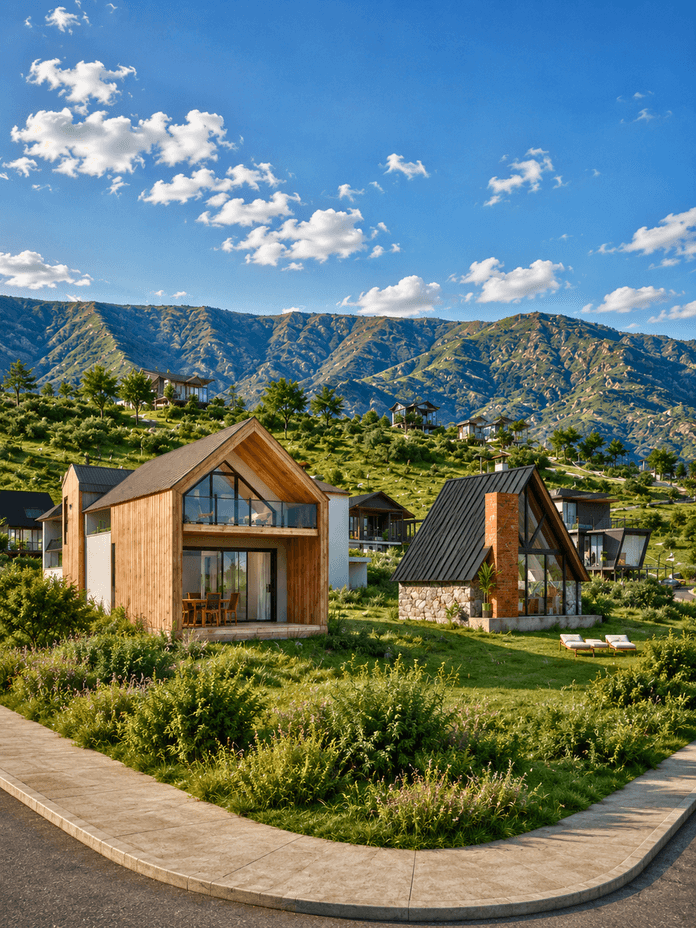Render conceptual de una vivienda de volúmenes claros, madera y espacio exterior. No es una obra ejecutada ni una vivienda incluida con el lote.