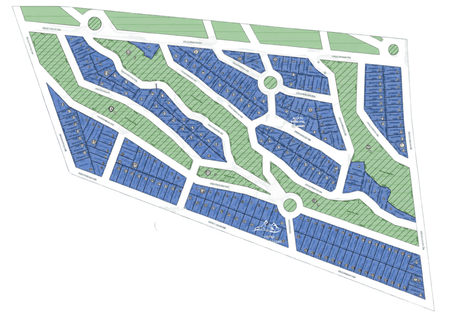 Plano referencial de Valle de la Paz, con todos los lotes en un mismo color, calles y espacios verdes.